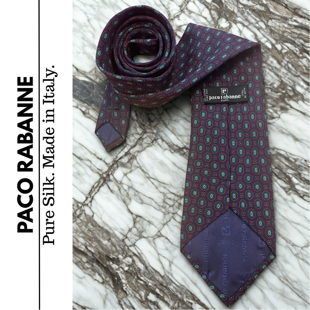 Vintage Paco Rabanne Hexagonal Patterned Silk Tie in Multi-Colored